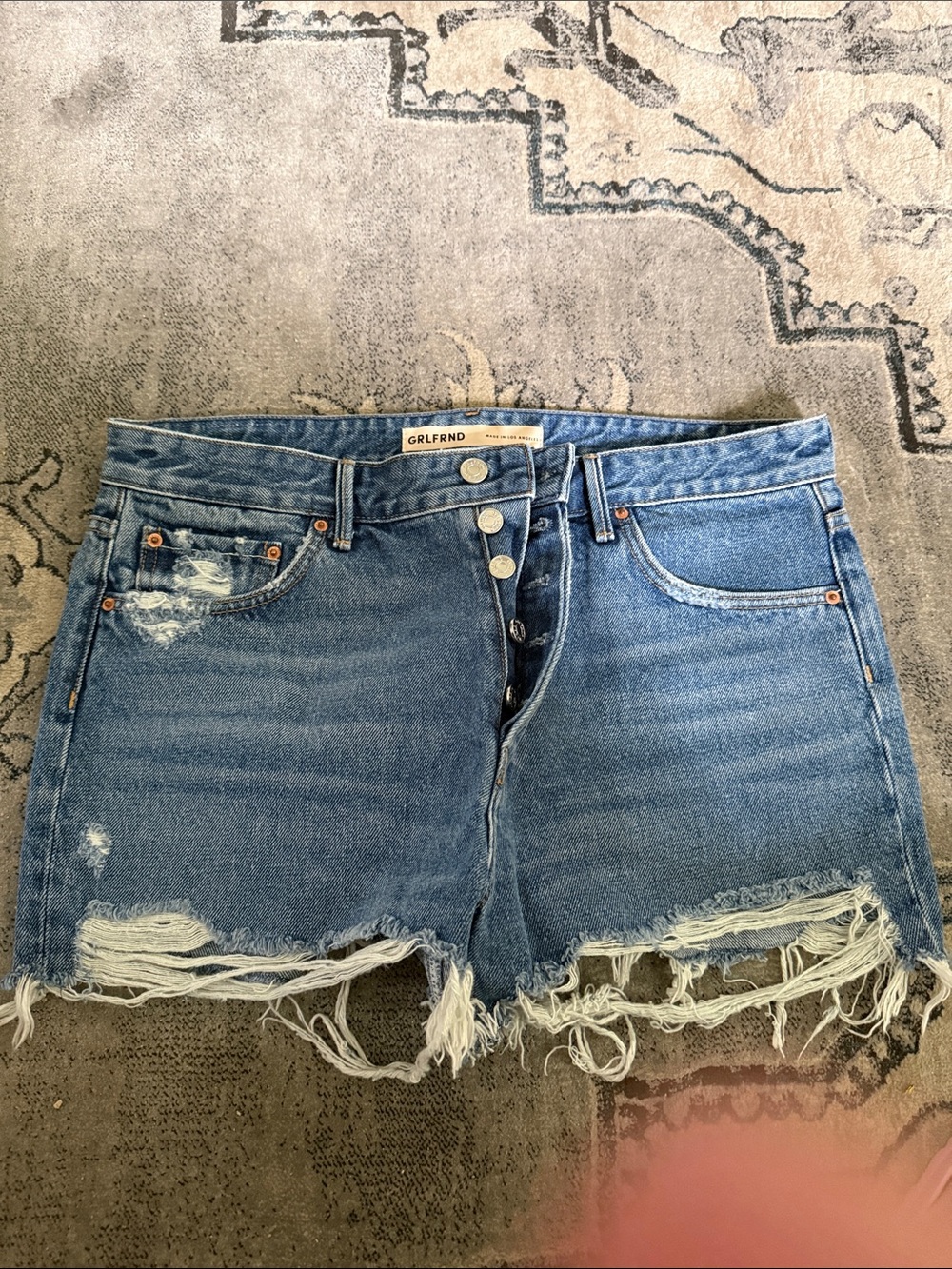 GRLFRND Light Blue Distressed High-Rise Jean Shorts